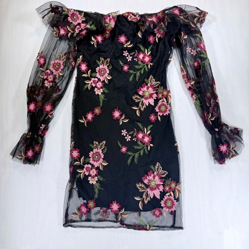 Y2K Whimsigoth Floral Embroidered Mesh Off Shoulder‎ Mini Dress Fairy Goth Black